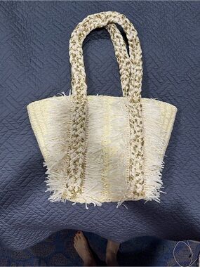 BTB Los Angeles Cream Fringe Straw Tote with Braided Gold-Handles